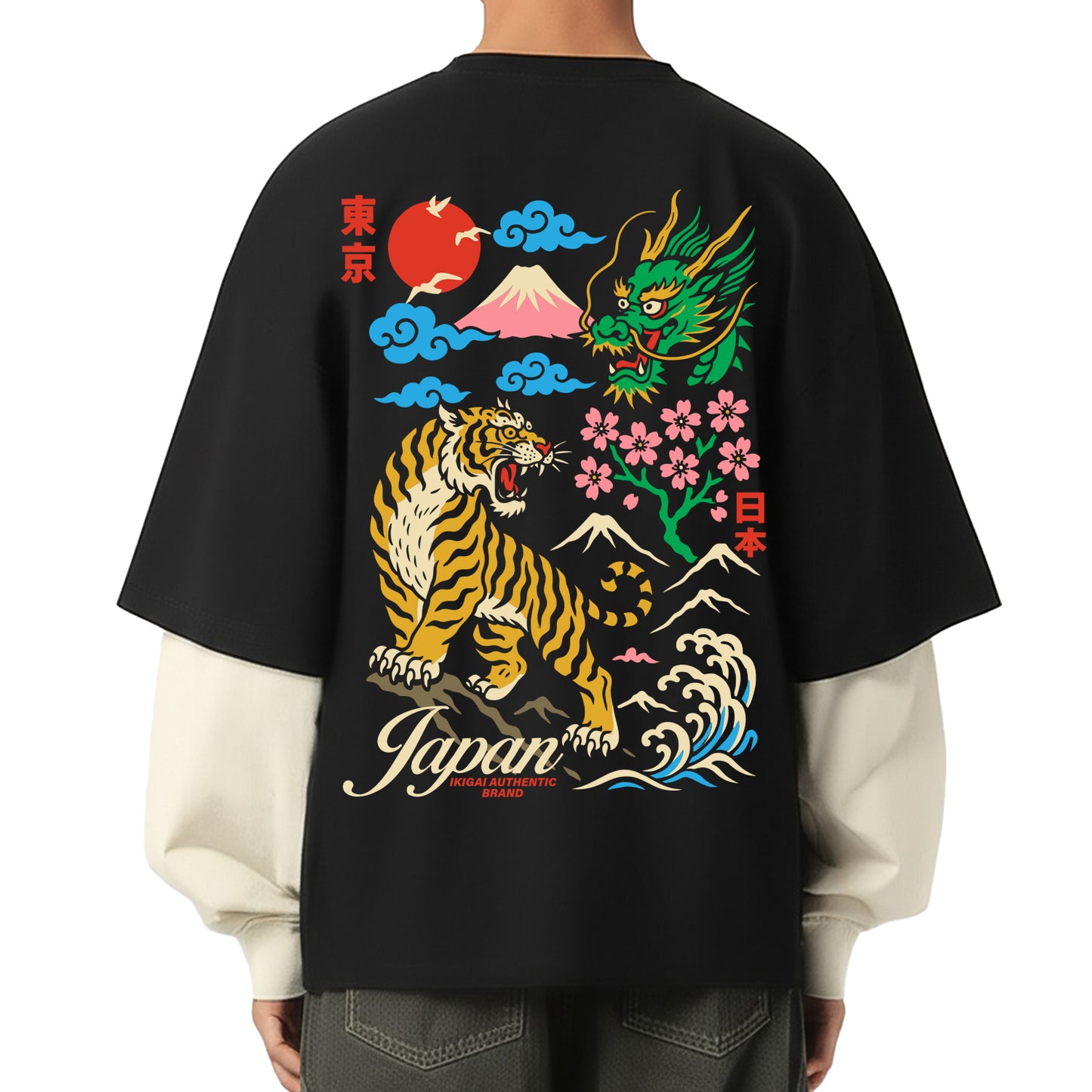 Tokyo Tiger Layered Contrast Sleeve Cotton T-Shirt
