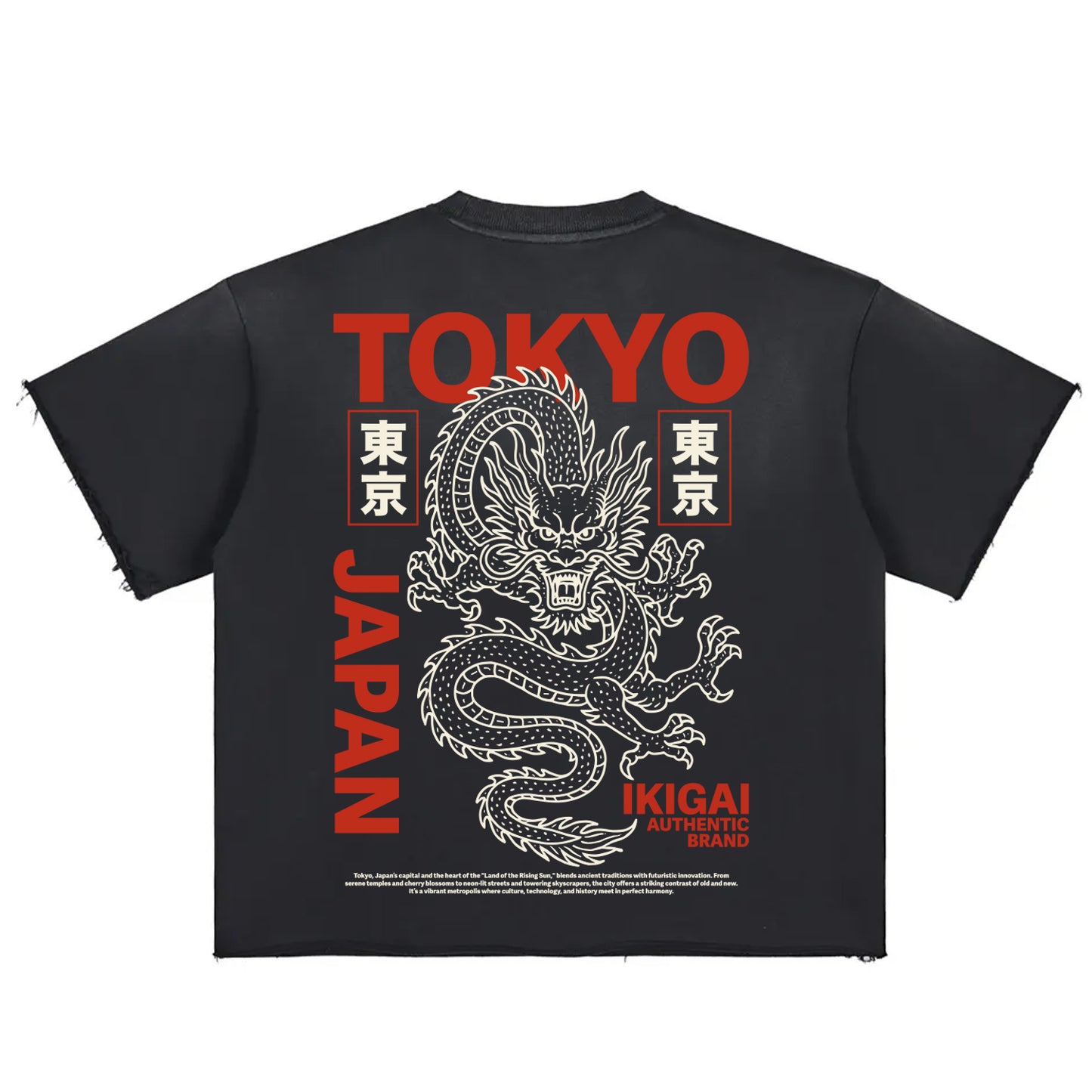 Premium Tokyo Dragon Sun Fade Raw Edge Heavyweight T-Shirt