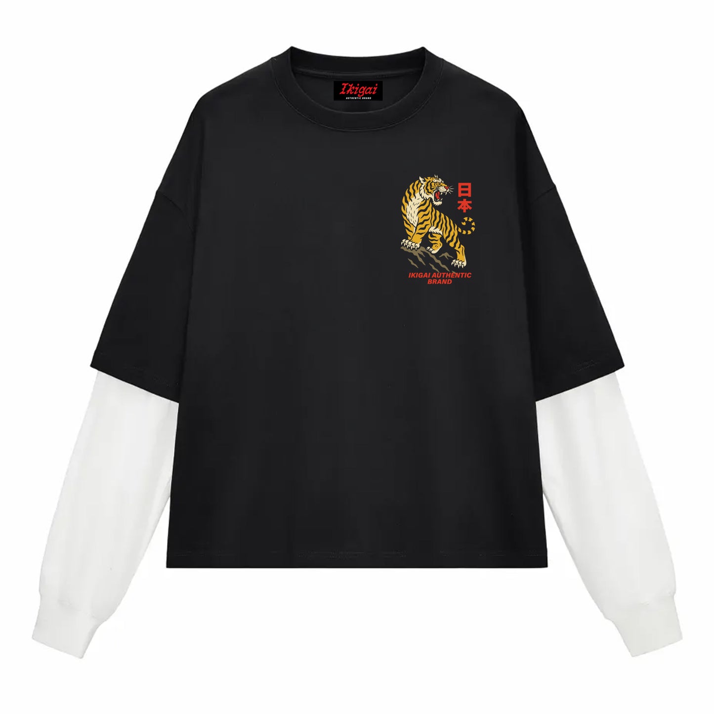 Tokyo Tiger Layered Contrast Sleeve Cotton T-Shirt