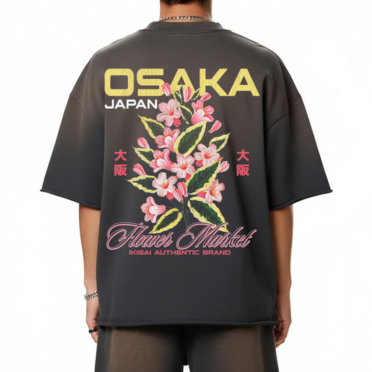 Premium Osaka Flowers Sun Fade Raw Edge Heavyweight T-Shirt