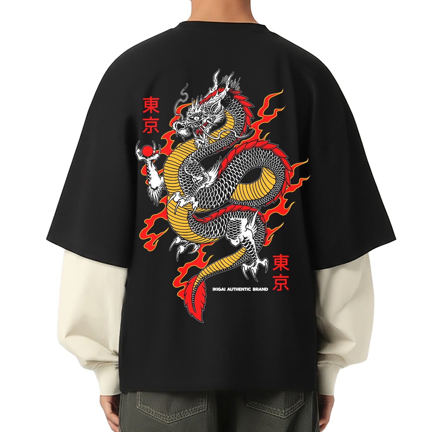 Japanese Flame Dragon Layered Contrast Sleeve Cotton T-Shirt
