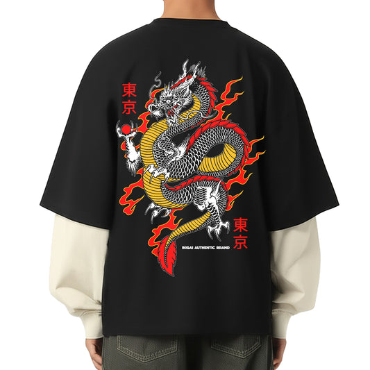 Japanese Flame Dragon Layered Contrast Sleeve Cotton T-Shirt