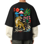 Tokyo Tiger Layered Contrast Sleeve Cotton T-Shirt