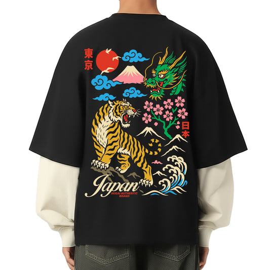 Tokyo Tiger Layered Contrast Sleeve Cotton T-Shirt