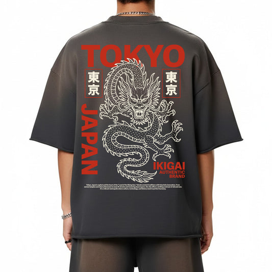 Premium Tokyo Dragon Sun Fade Raw Edge Heavyweight T-Shirt