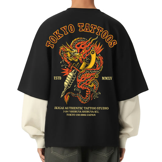 Tokyo Tattoo Studio Layered Contrast Sleeve Cotton T-Shirt