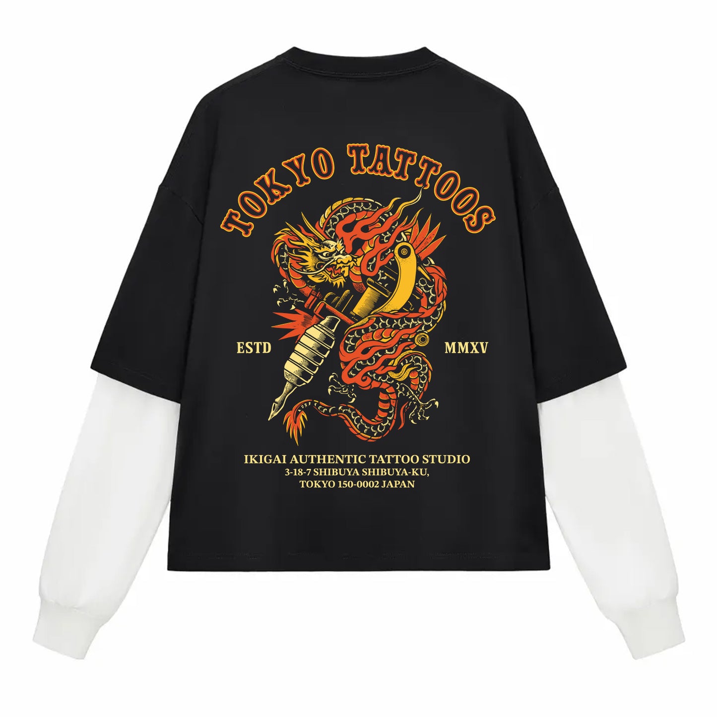 Tokyo Tattoo Studio Layered Contrast Sleeve Cotton T-Shirt
