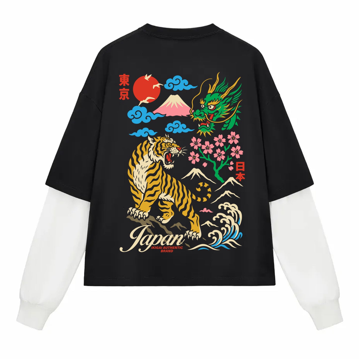 Tokyo Tiger Layered Contrast Sleeve Cotton T-Shirt