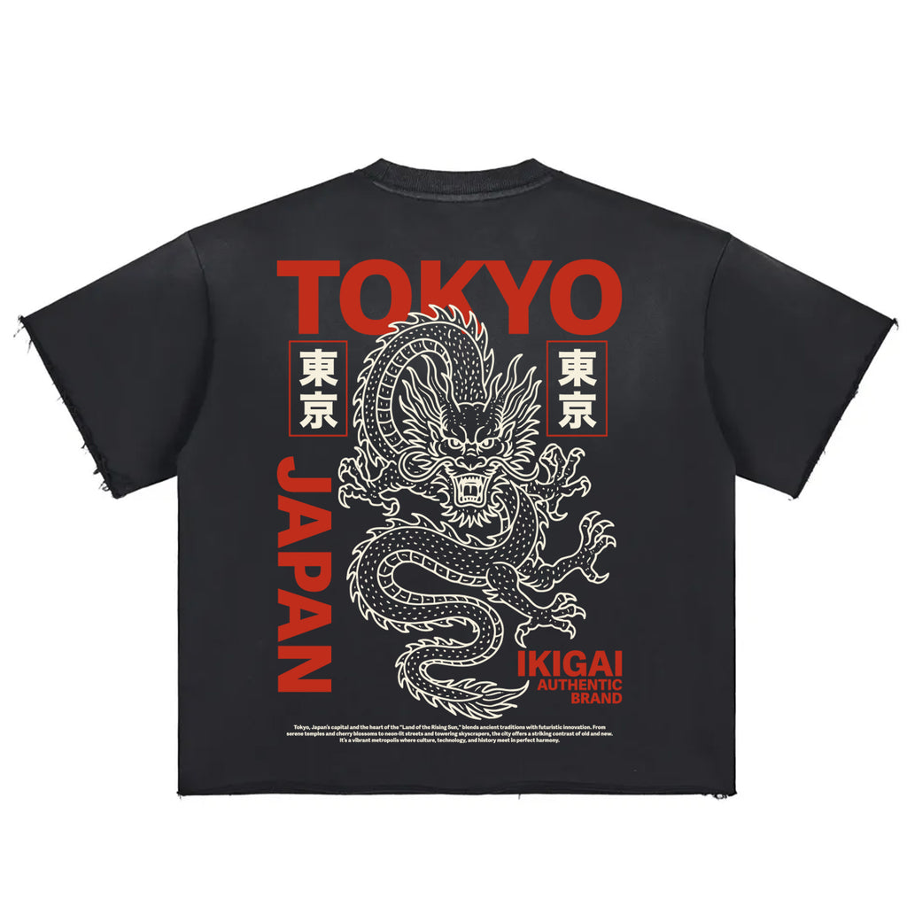 Premium Tokyo Dragon Sun Fade Raw Edge Heavyweight T-Shirt