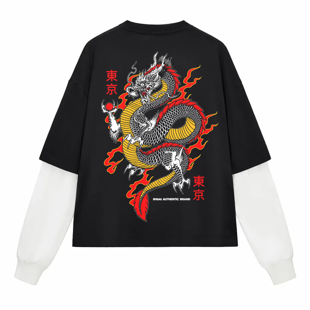 Japanese Flame Dragon Layered Contrast Sleeve Cotton T-Shirt