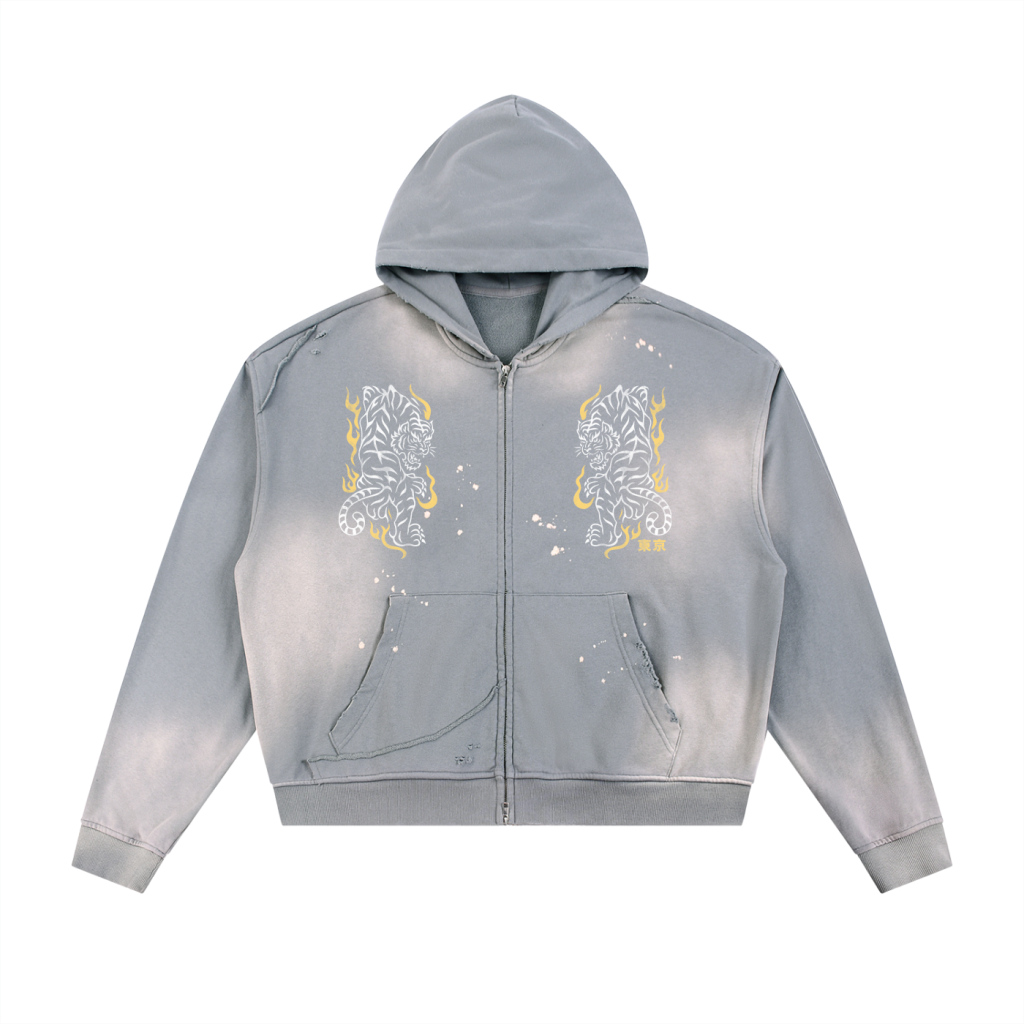 Sun Fade Frayed Raw Edge Fleece Zip Hoodie