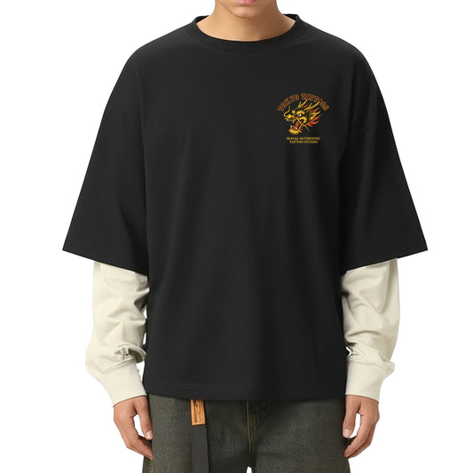 Tokyo Tattoo Studio Layered Contrast Sleeve Cotton T-Shirt