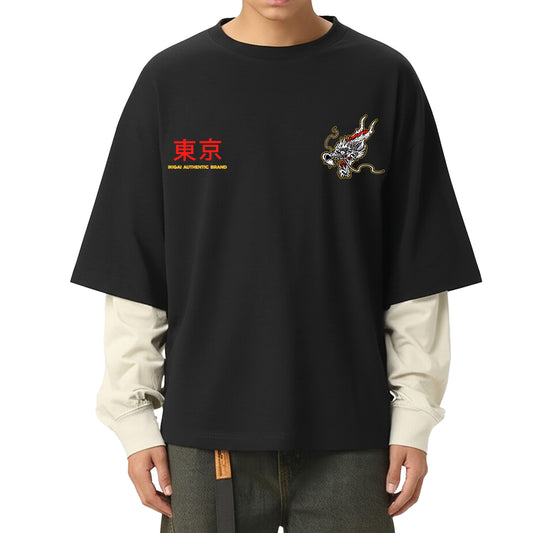 Japanese Flame Dragon Layered Contrast Sleeve Cotton T-Shirt