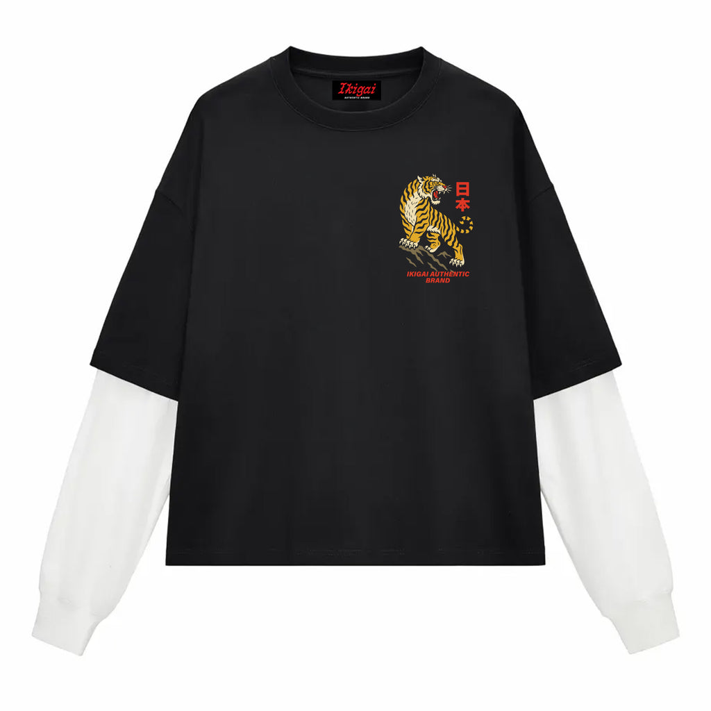Tokyo Tiger Layered Contrast Sleeve Cotton T-Shirt
