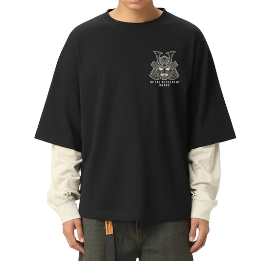 Japanese Ronin Layered Contrast Sleeve Cotton T-Shirt