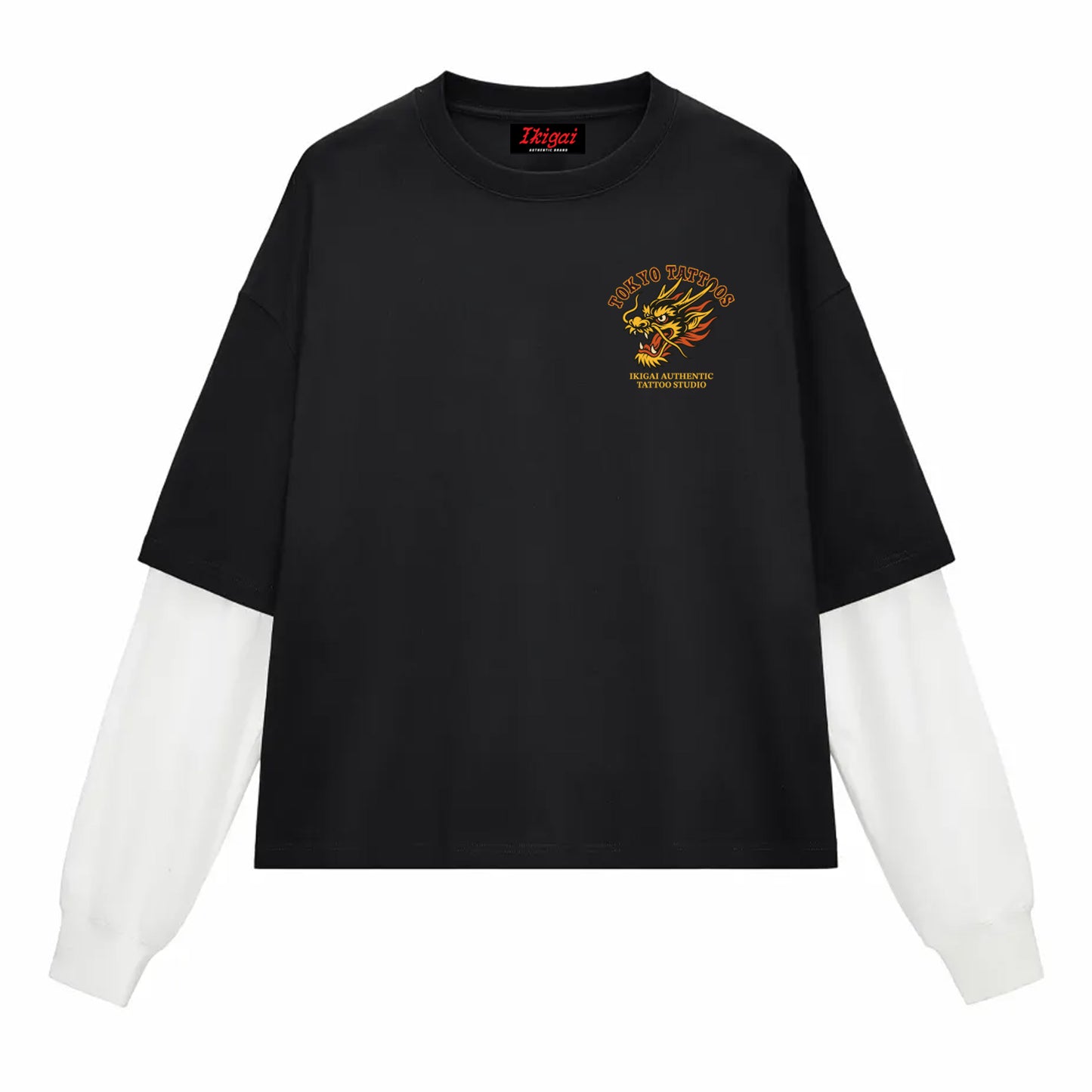 Tokyo Tattoo Studio Layered Contrast Sleeve Cotton T-Shirt