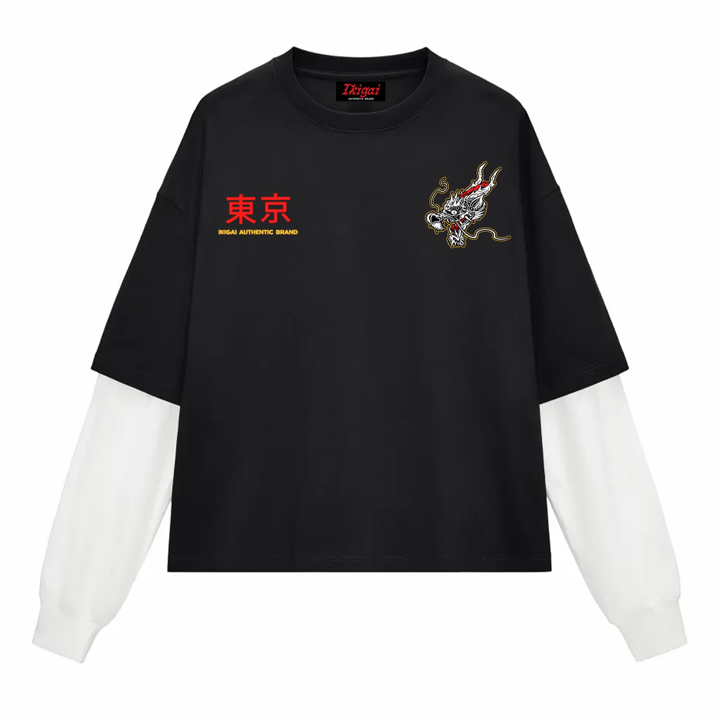 Japanese Flame Dragon Layered Contrast Sleeve Cotton T-Shirt