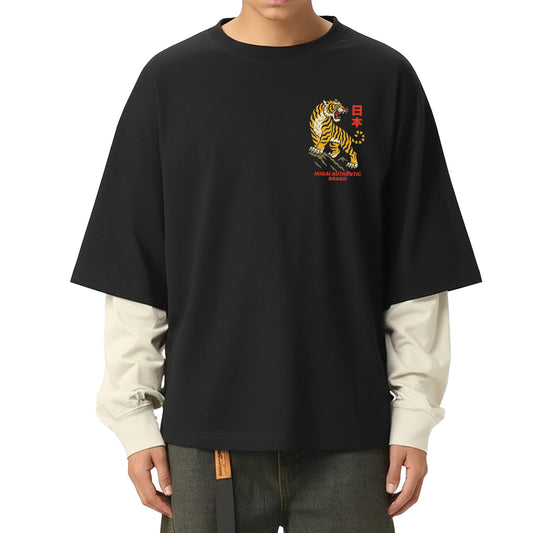 Tokyo Tiger Layered Contrast Sleeve Cotton T-Shirt