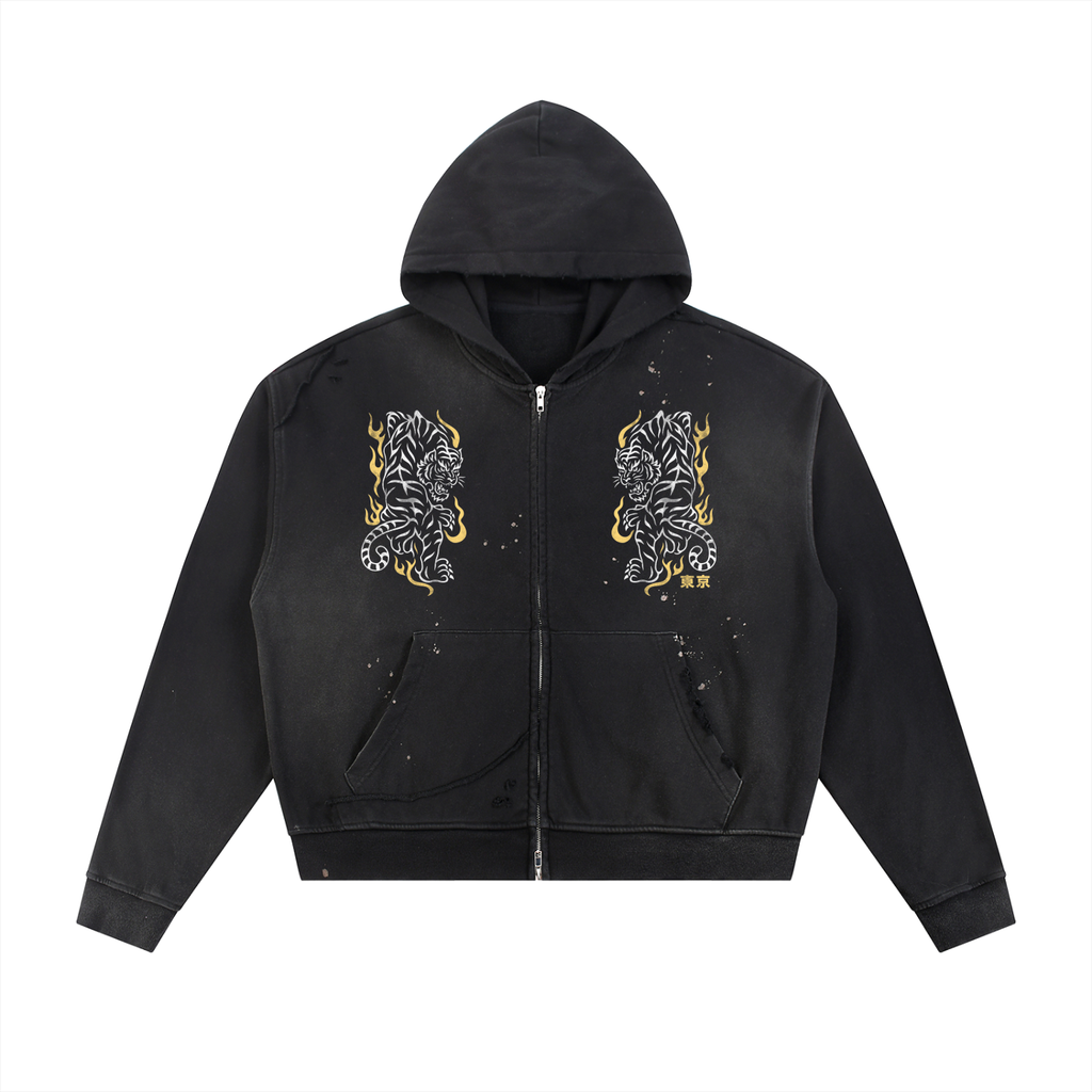 Sun Fade Frayed Raw Edge Fleece Zip Hoodie