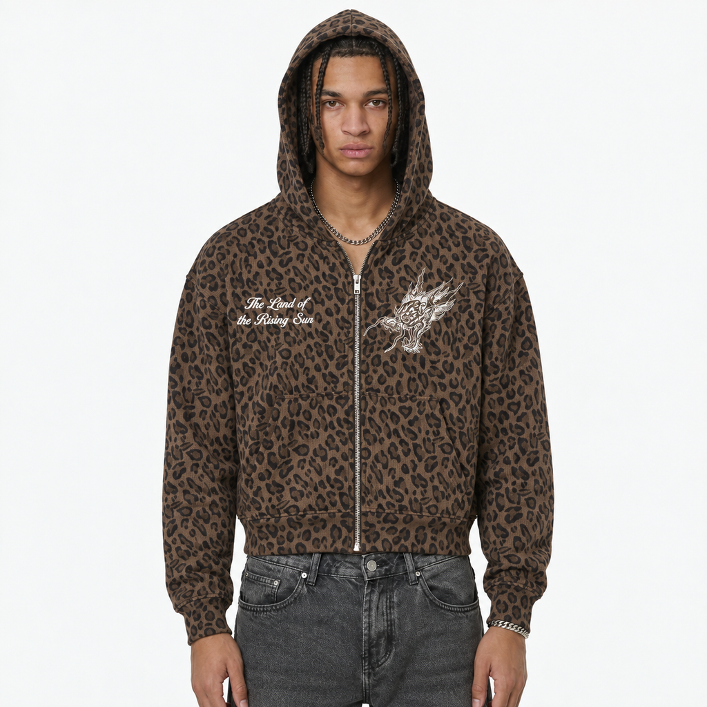 Leopard Print Waffle Full Zip Hoodie