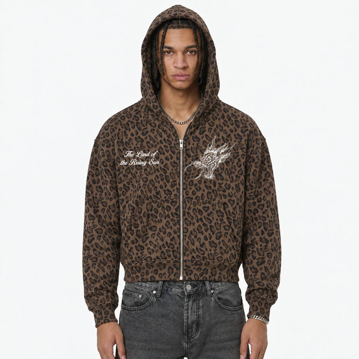 Leopard Print Waffle Full Zip Hoodie