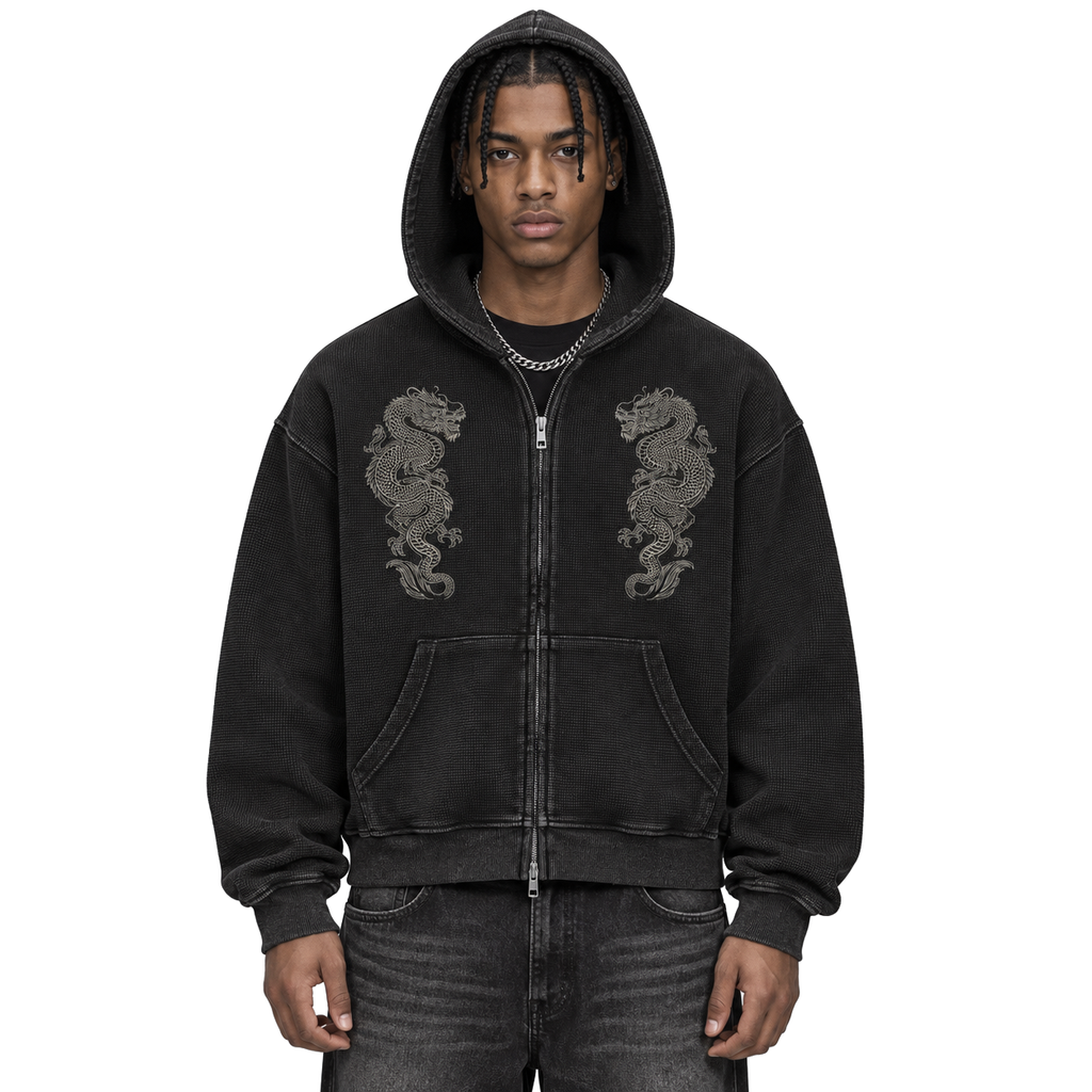Vintage Wash Boxy Waffle Full Zip Hoodie
