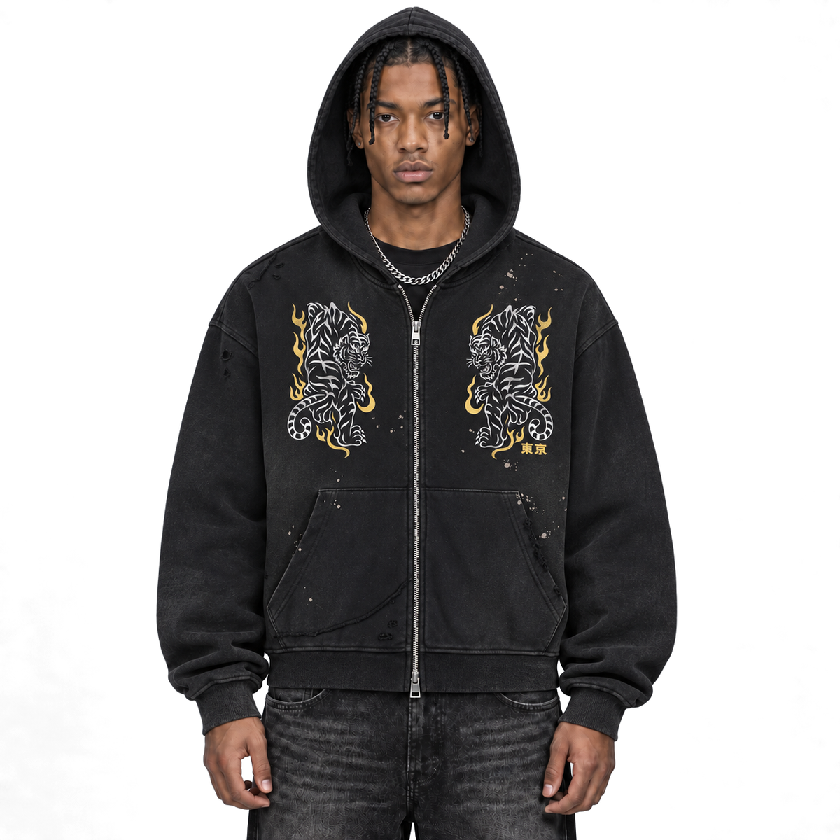 Sun Fade Frayed Raw Edge Fleece Zip Hoodie