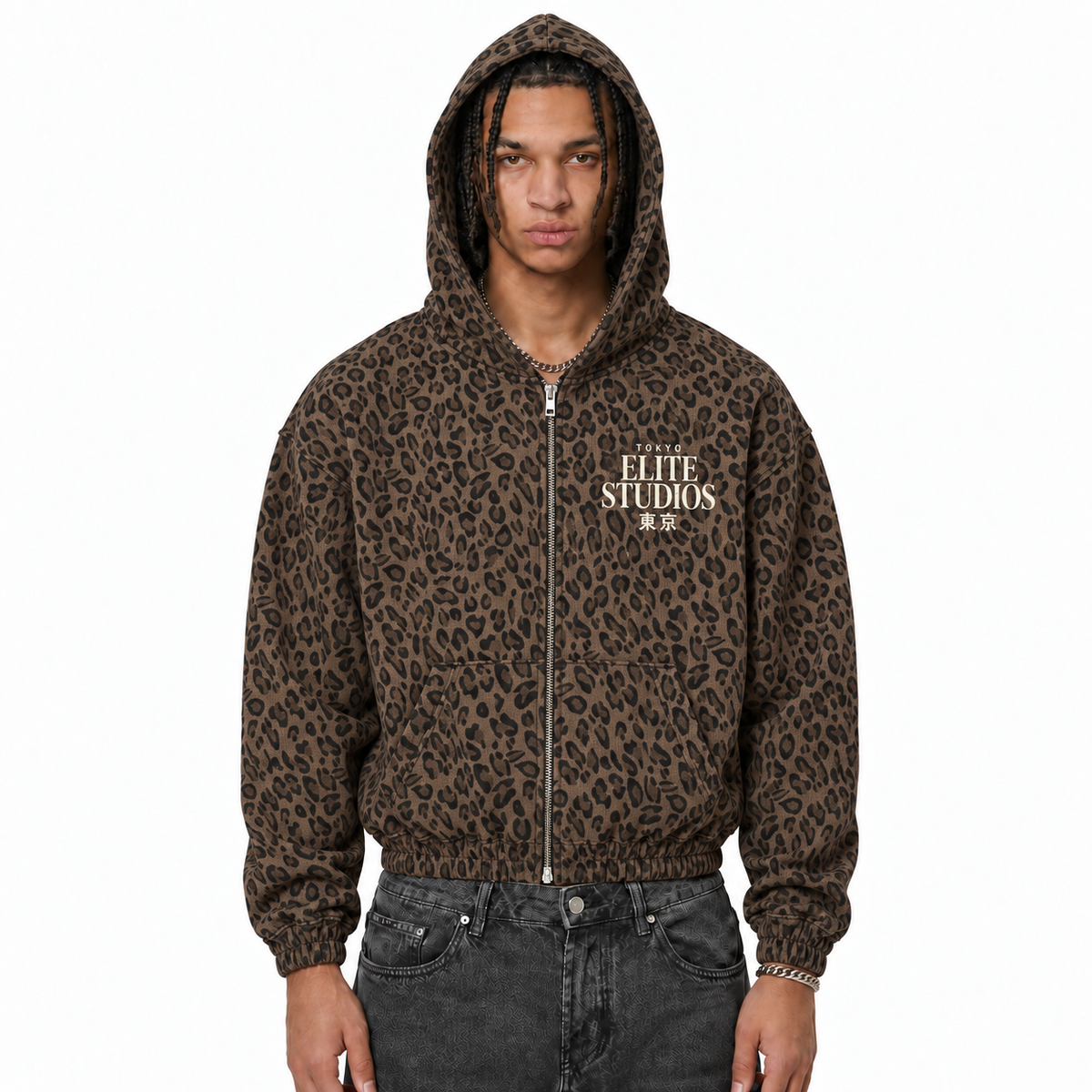 Elite Studio Leopard Print Waffle Full Zip Hoodie