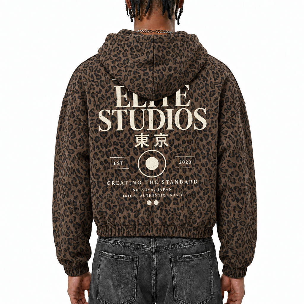 Elite Studio Leopard Print Waffle Full Zip Hoodie