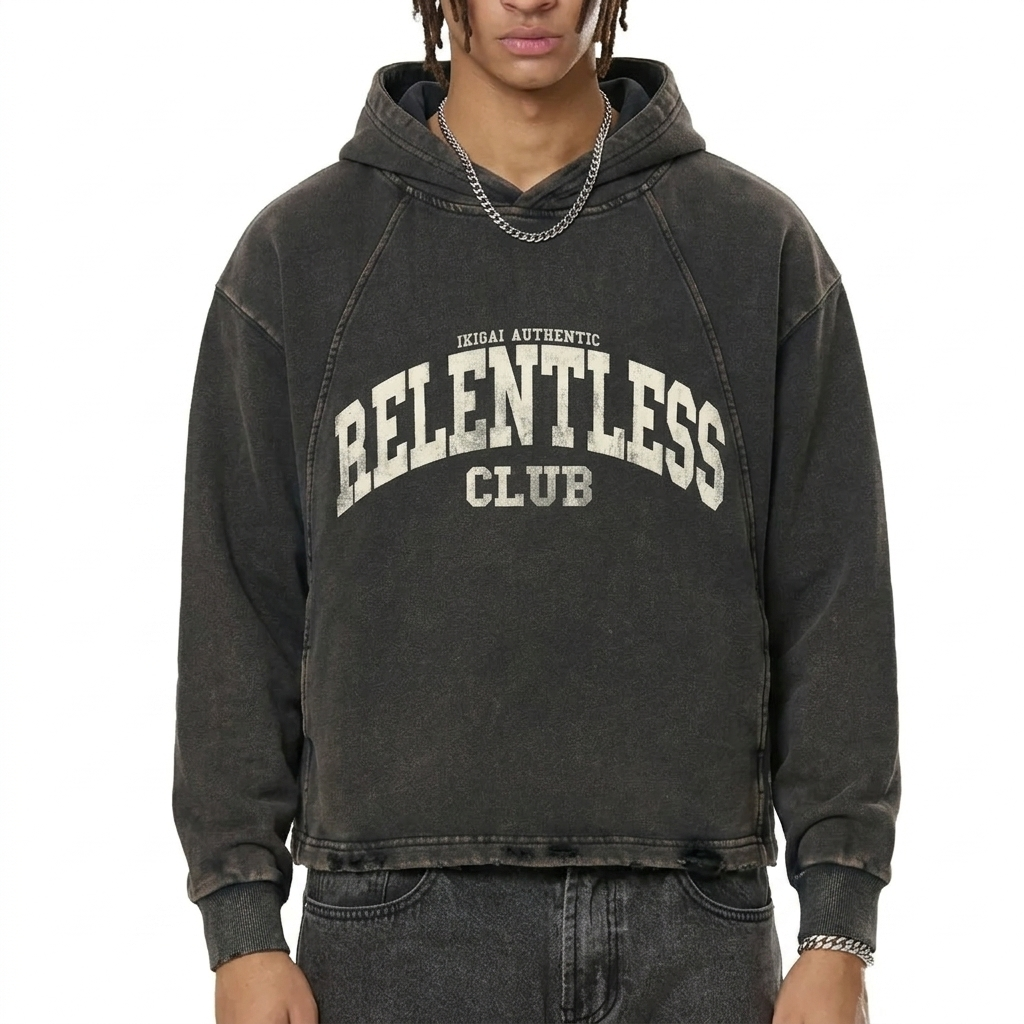 Relentless Club Vintage Frayed-Hem Hoodie