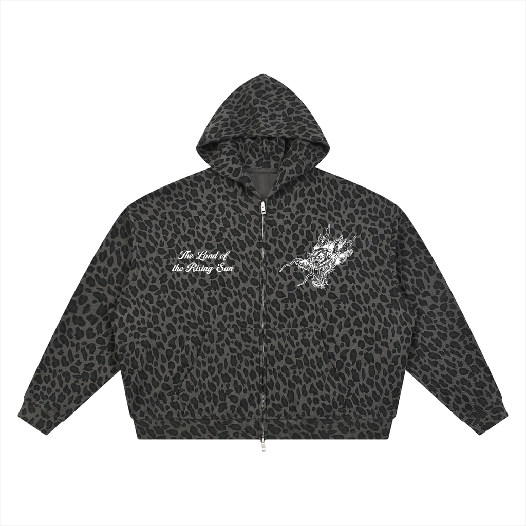 Leopard Print Waffle Full Zip Hoodie