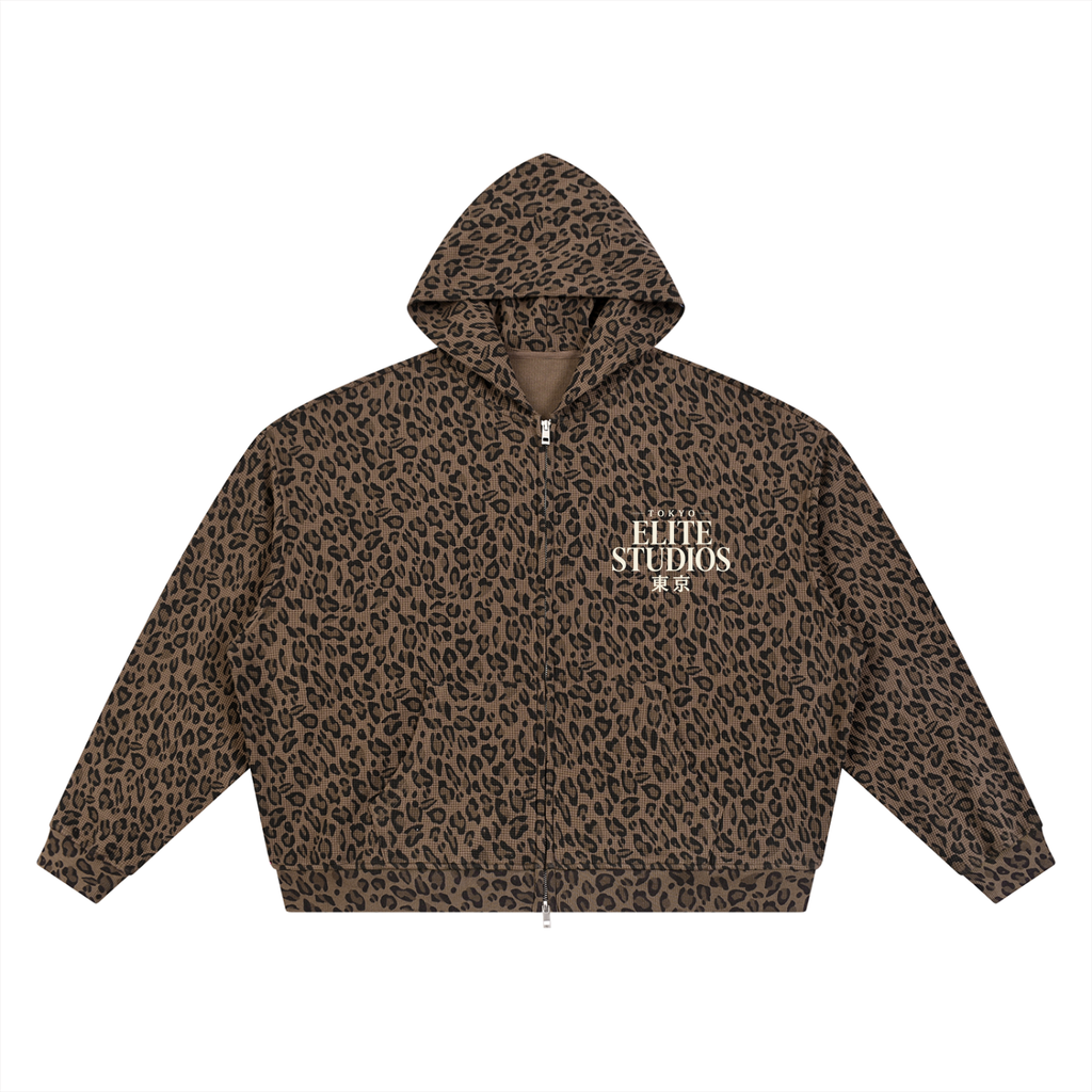 Elite Studio Leopard Print Waffle Full Zip Hoodie