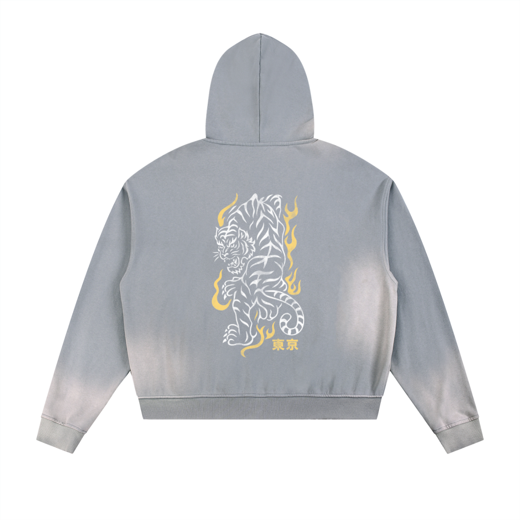 Sun Fade Frayed Raw Edge Fleece Zip Hoodie