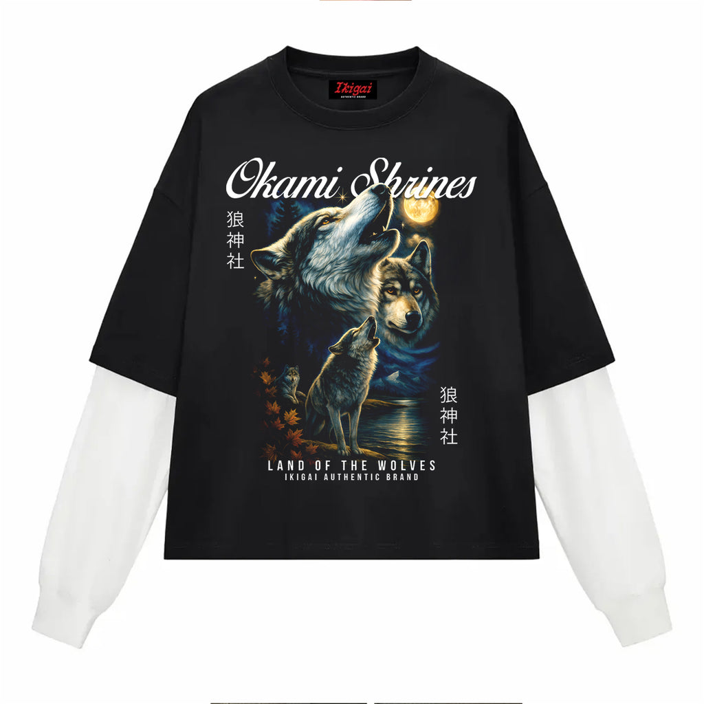 Okami Wolves Layered Contrast Sleeve Cotton T-Shirt =
